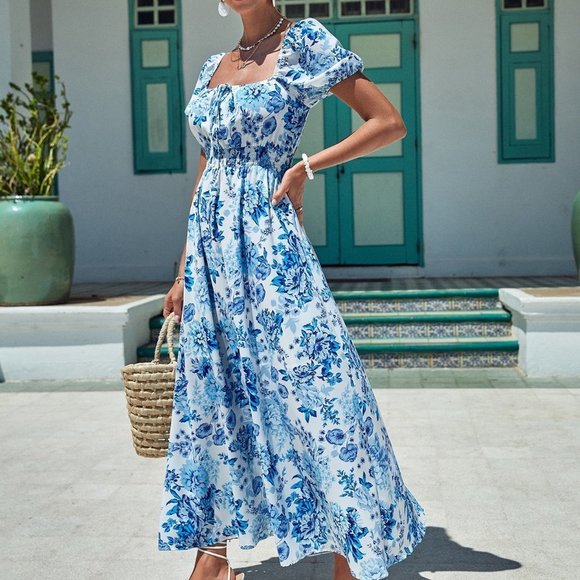 . Dresses & Skirts - Blue Boho Womens Floral Print Square Neck Puff Sleeve Dress
